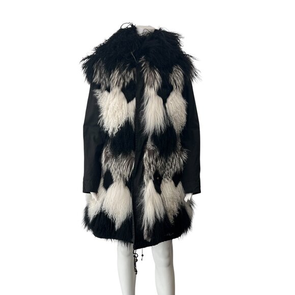 Mr. & Mrs. Italy Black White Argyle Fur Midi Coat Jacket size XS